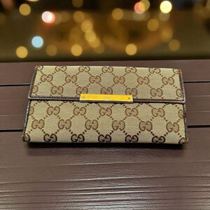 Gucci GG Beige & Brown Monogram Canvas & Leather Long Snap Wallet